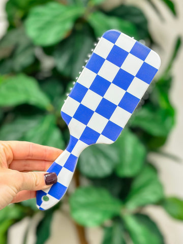 Game Day Checkered Hair Brush - Blue & White