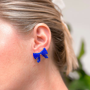 Beaded Bow Stud Earrings - Blue
