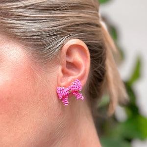 Beaded Bow Stud Earrings - Pink