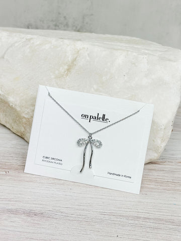 Crystal Bow Pendant Necklace - Silver