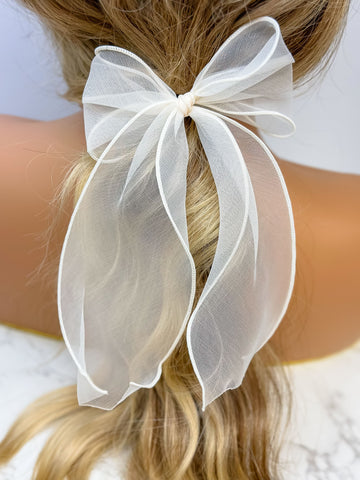 Elastic Organza Hair Bow - White