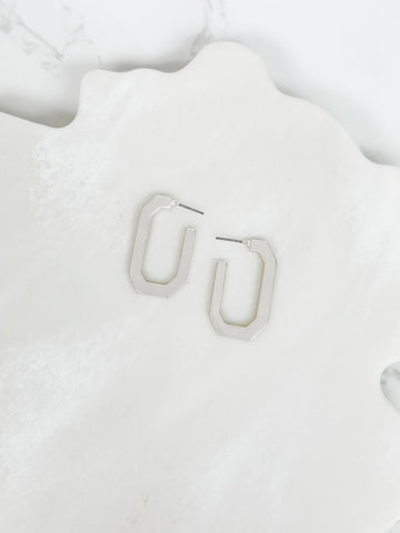 Elongated Octagon Matte Hoop Earrings - Silver