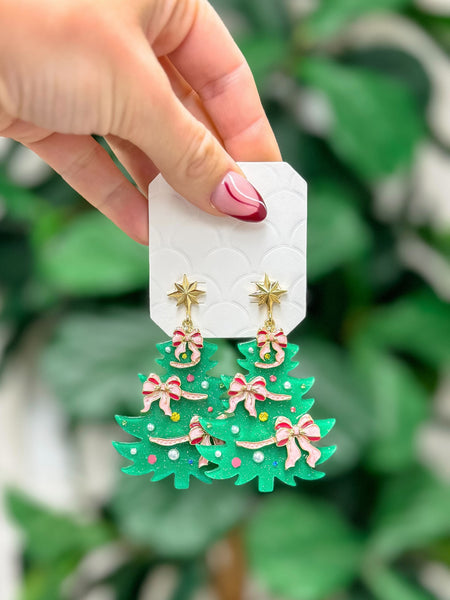 Festive Christmas Tree Dangle Earrings - Pink Bow