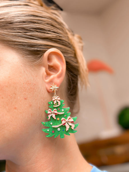 Festive Christmas Tree Dangle Earrings - Pink Bow