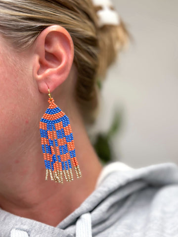 Game Day Seed Bead Fringe Dangle Earrings - Blue & Orange