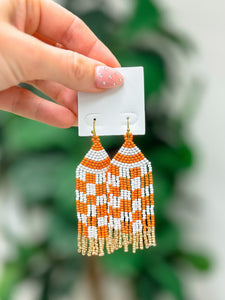 Game Day Seed Bead Fringe Dangle Earrings - Orange & White