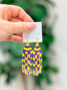 Game Day Seed Bead Fringe Dangle Earrings - Purple & Yellow