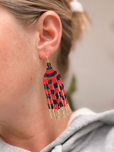Game Day Seed Bead Fringe Dangle Earrings - Red & Black