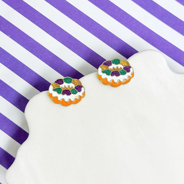 Glitter Enamel King Cake Stud Earrings