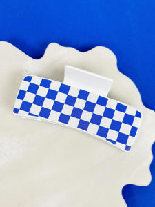 Game Day Large Checkered Hair Clip - Blue & White