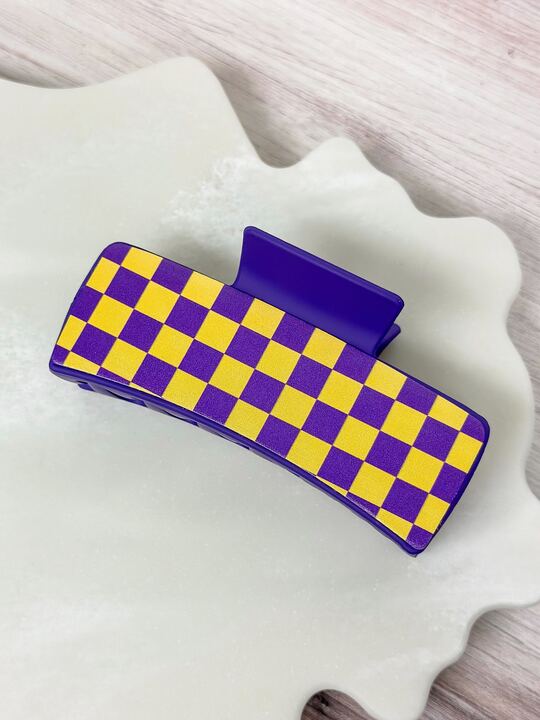 Game Day Large Checkered Hair Clip - Purple & Yellow