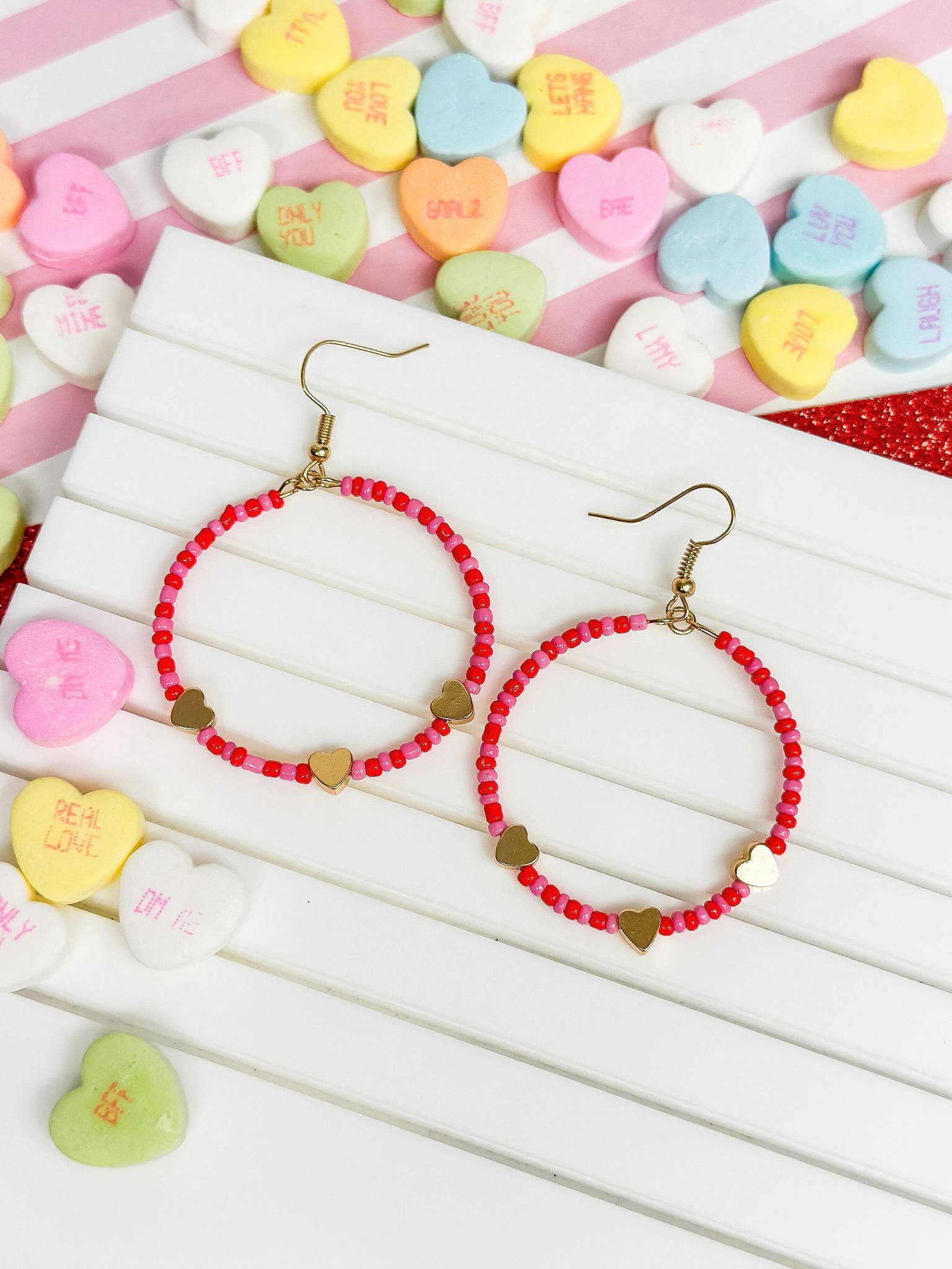 Heart Beaded Dangle Hoop Earrings