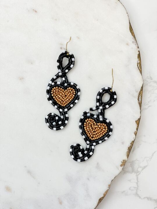 Heart Music Note Beaded Dangle Earrings