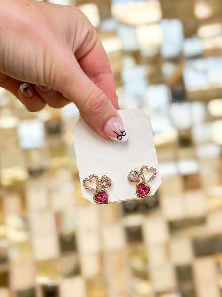 Heart Trio Stud Earrings - Pink