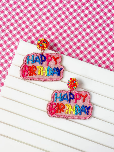 'Happy Birthday' Seed Bead Embroidered Dangle Earrings