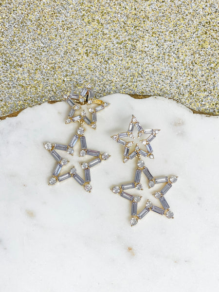 Clear Crystal Winter Star Duo Dangle Earrings