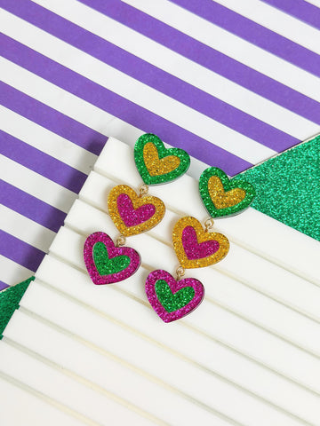 Mardi Gras Glitter Heart Dangle Earrings