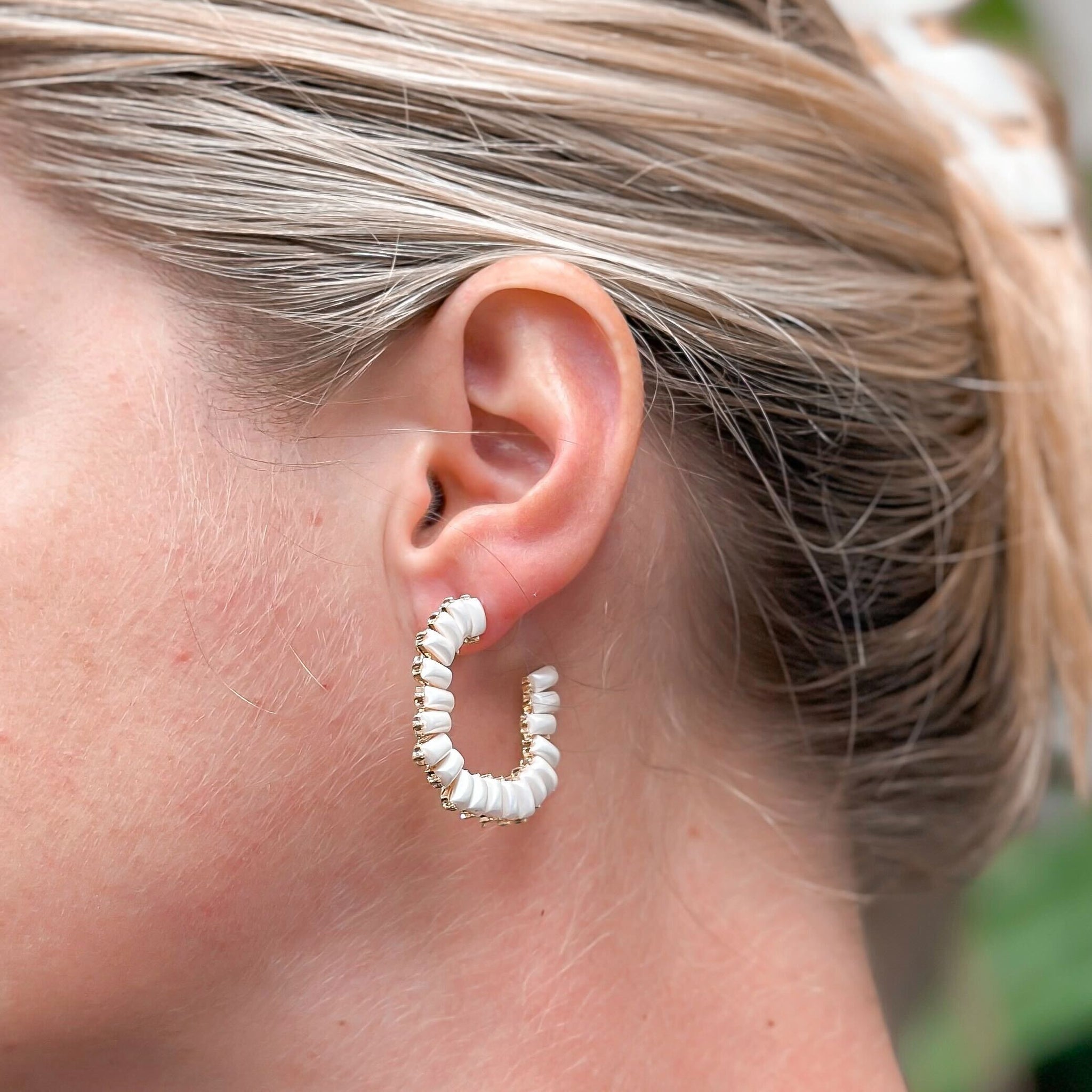 Elongated Pearl Hoop Earrings