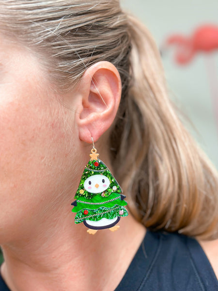 Penguin Christmas Tree Dangle Earrings