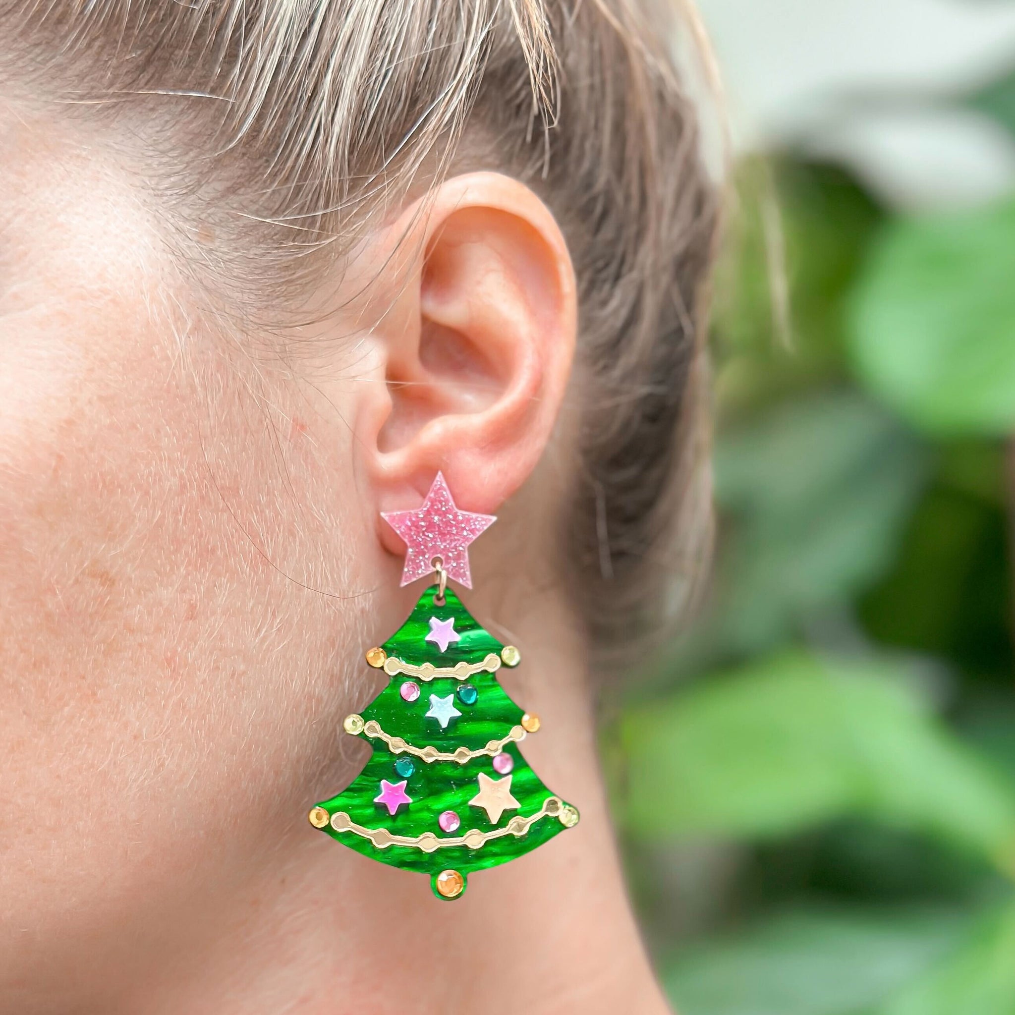 Pink Star Christmas Tree Dangle Earrings