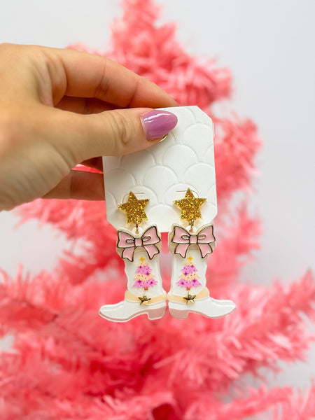 Pink Chrismtas Tree Boot Dangle Earrings