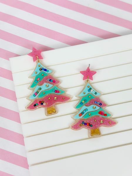 Pink Glitter Christmas Tree Dangle Earrings