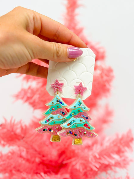 Pink Glitter Christmas Tree Dangle Earrings