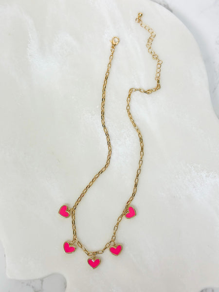 Pink Heart Enamel Dangle Necklace