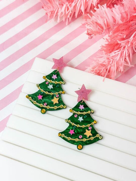 Pink Star Christmas Tree Dangle Earrings