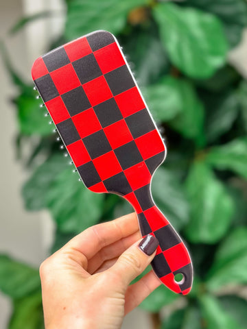 Game Day Checkered Hair Brush - Red & Black