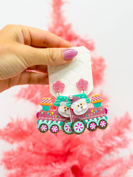 Santa's Train Glitter Dangle Earrings