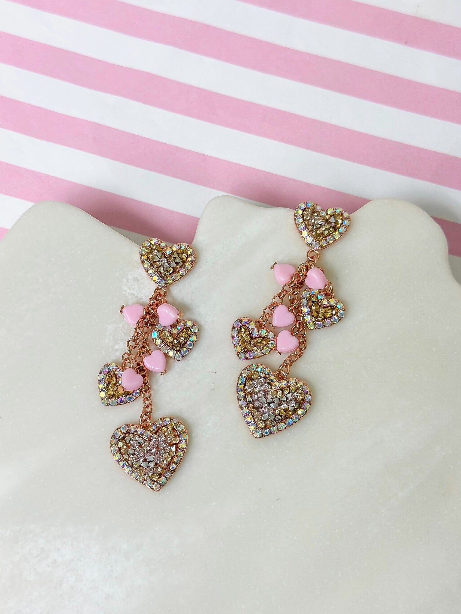 Sparkling Hearts Dangle Earrings - Light Pink