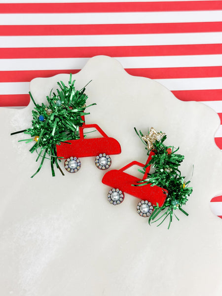 Tinsel Christmas Tree Truck Dangle Earrings