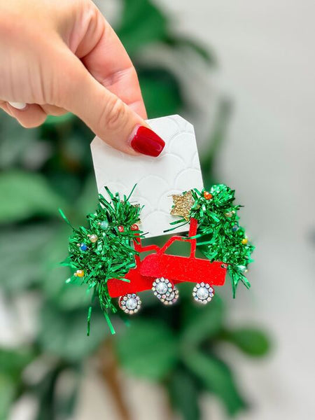 Tinsel Christmas Tree Truck Dangle Earrings