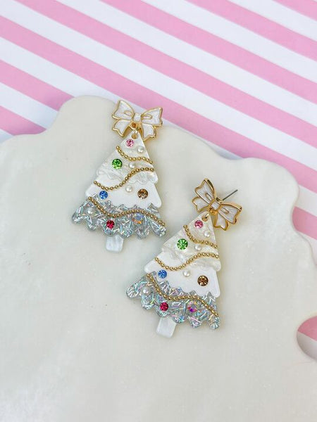 White Bow Christmas Tree Dangle Earrings