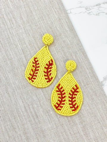 Beaded Softball Teardrop Dangle Earrings