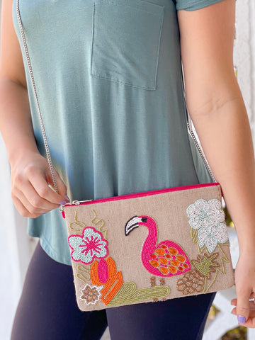 Beaded Flamingo Chain Link Bag