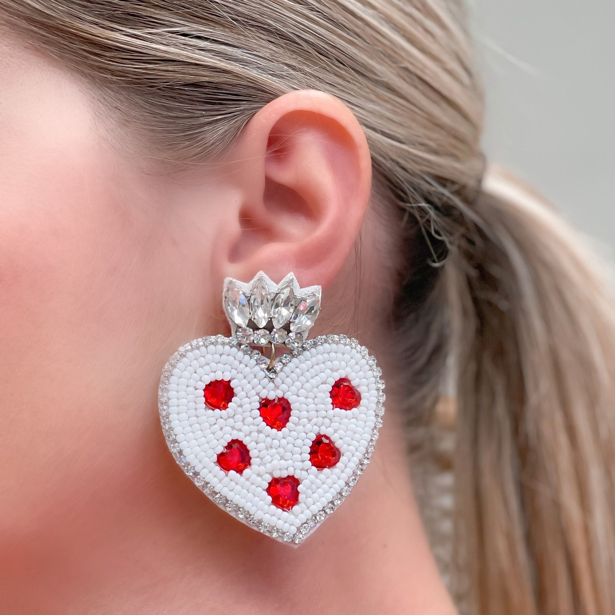 Red & White Heart Rhinestone & Bead Statement Earrings