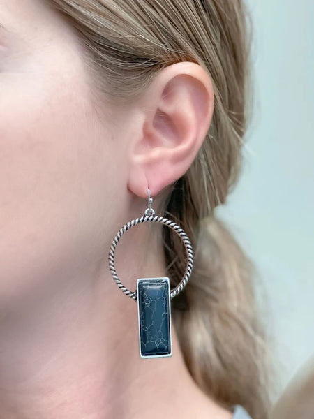 Twisted Hoop & Black Stone Dangle Earrings