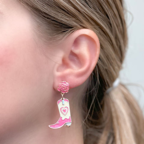 Pink Rose Cowboy Boot Dangle Earrings