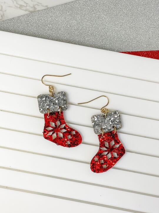 Red Glitter Stocking Dangle Earrings