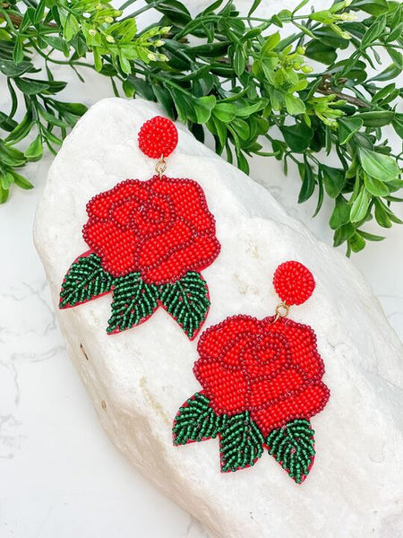 Red Rose Beaded Dangle Earrings