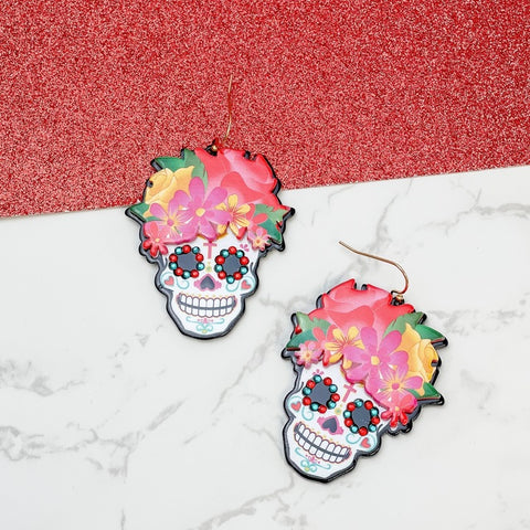 Glitzy Sugar Skull Acrylic Dangle Earrings