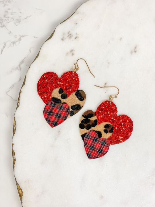 Triple Heart Glitter Dangle Earrings