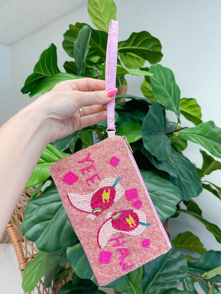 'Yeehaw' Pink Boots Beaded Zip Wristlet